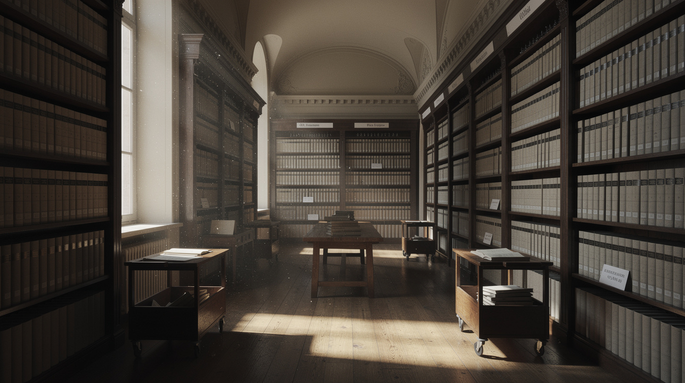 Interior of a European psychological research archive with tall wooden shelves of bound journals
