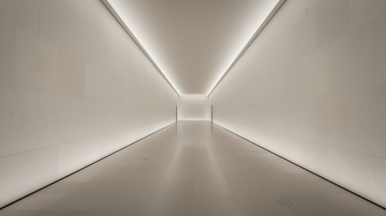 Long minimalist museum hallway corridor with soft ambient light