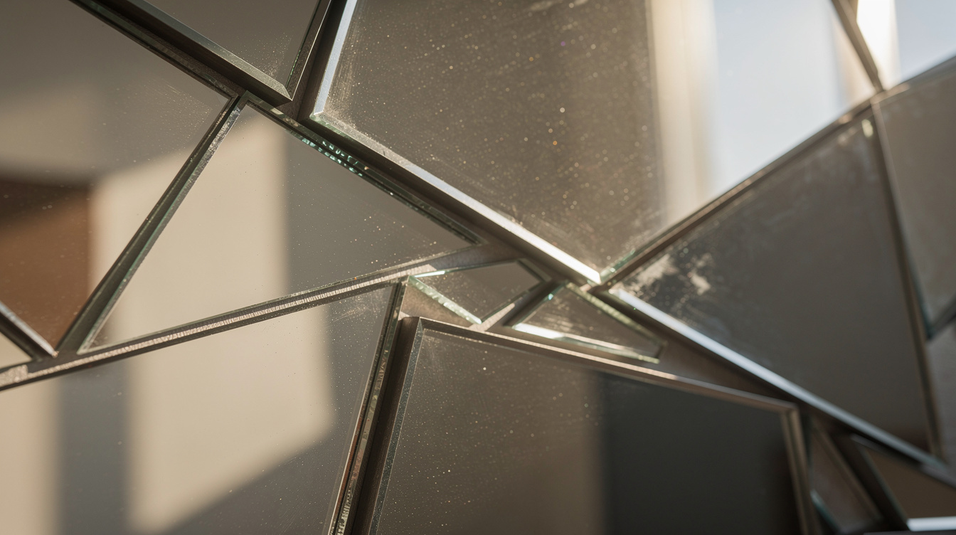 Abstract fragmented mirror artwork reflecting soft diffused light